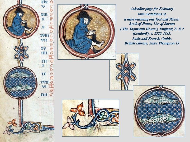 Calendar page for February with medallions of a man warming one foot and Pisces.