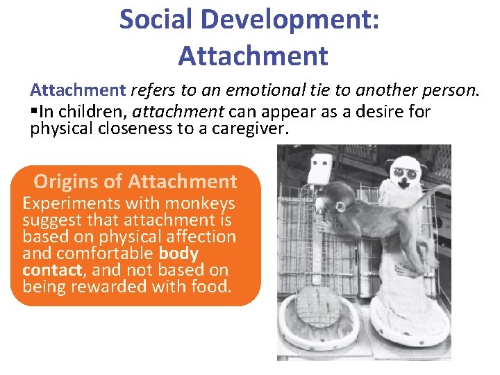 Social Development: Attachment refers to an emotional tie to another person. §In children, attachment
