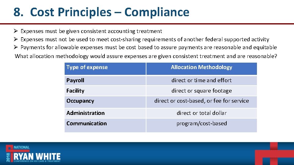 8. Cost Principles – Compliance Ø Expenses must be given consistent accounting treatment Ø