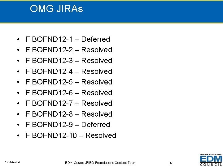 OMG JIRAs • • • Confidential FIBOFND 12 -1 – Deferred FIBOFND 12 -2