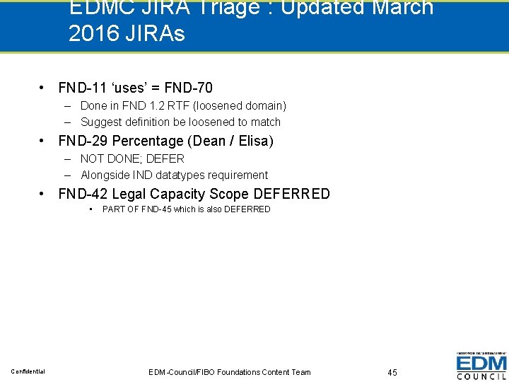 EDMC JIRA Triage : Updated March 2016 JIRAs • FND-11 ‘uses’ = FND-70 –