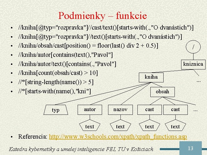 Podmienky – funkcie • • //kniha[@typ="rozpravka"]//cast/text()[starts-with(. , "O dvanástich")] //kniha[@typ="rozpravka"]//text()[starts-with(. , "O dvanástich")] //kniha/obsah/cast[position()