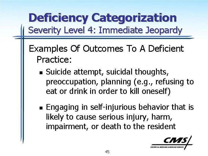 Deficiency Categorization Severity Level 4: Immediate Jeopardy Examples Of Outcomes To A Deficient Practice: