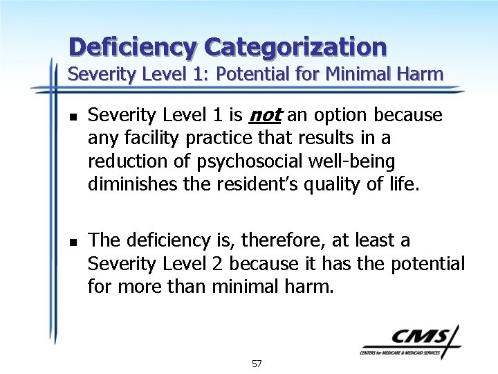 Deficiency Categorization Severity Level 1: Potential for Minimal Harm n n Severity Level 1