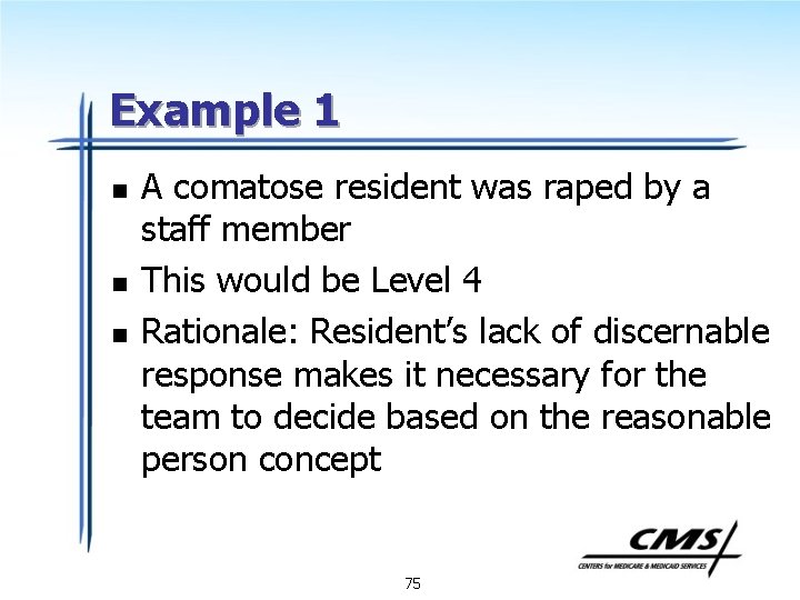 Example 1 n n n A comatose resident was raped by a staff member