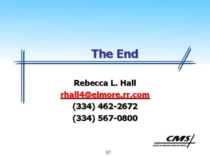 The End Rebecca L. Hall rhall 4@elmore. rr. com (334) 462 -2672 (334) 567