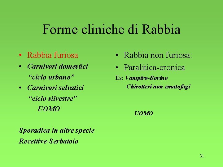 Forme cliniche di Rabbia • Rabbia furiosa • Carnivori domestici “ciclo urbano” • Carnivori