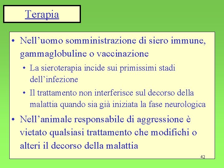 Terapia • Nell’uomo somministrazione di siero immune, gammaglobuline o vaccinazione • La sieroterapia incide