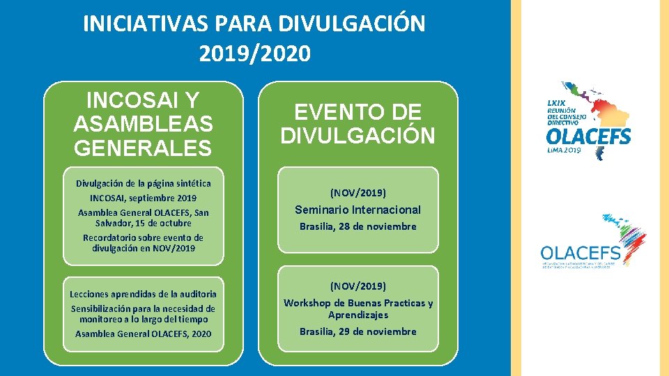 INICIATIVAS PARA DIVULGACIÓN 2019/2020 INCOSAI Y ASAMBLEAS GENERALES EVENTO DE DIVULGACIÓN Divulgación de la