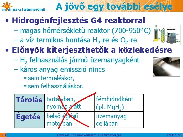 A jövő egy további esélye • Hidrogénfejlesztés G 4 reaktorral – magas hőmérsékletű reaktor