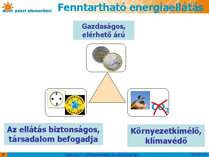 Fenntartható energiaellátás Gazdaságos, elérhető árú CO 2 Az ellátás biztonságos, társadalom befogadja 3 Környezetkímélő,