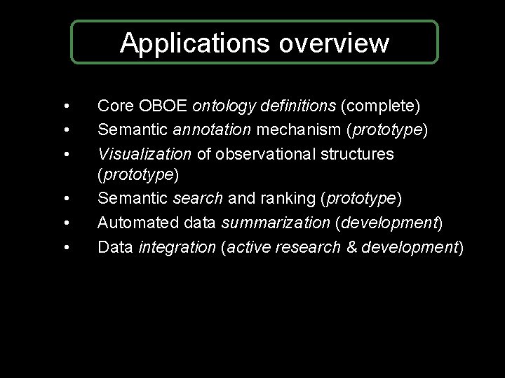 Applications overview • • • Core OBOE ontology definitions (complete) Semantic annotation mechanism (prototype) Applications overview • • • Core OBOE ontology definitions (complete) Semantic annotation mechanism (prototype)
