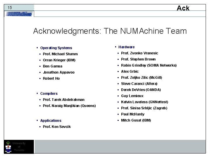 Ack 15 Acknowledgments: The NUMAchine Team § Operating Systems § Hardware · Prof. Michael Ack 15 Acknowledgments: The NUMAchine Team § Operating Systems § Hardware · Prof. Michael