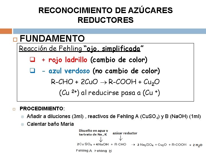 RECONOCIMIENTO DE AZÚCARES REDUCTORES FUNDAMENTO Reacción de Fehling “ojo, simplificada” q + rojo ladrillo