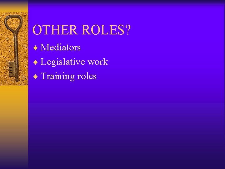 OTHER ROLES? ¨ Mediators ¨ Legislative work ¨ Training roles 