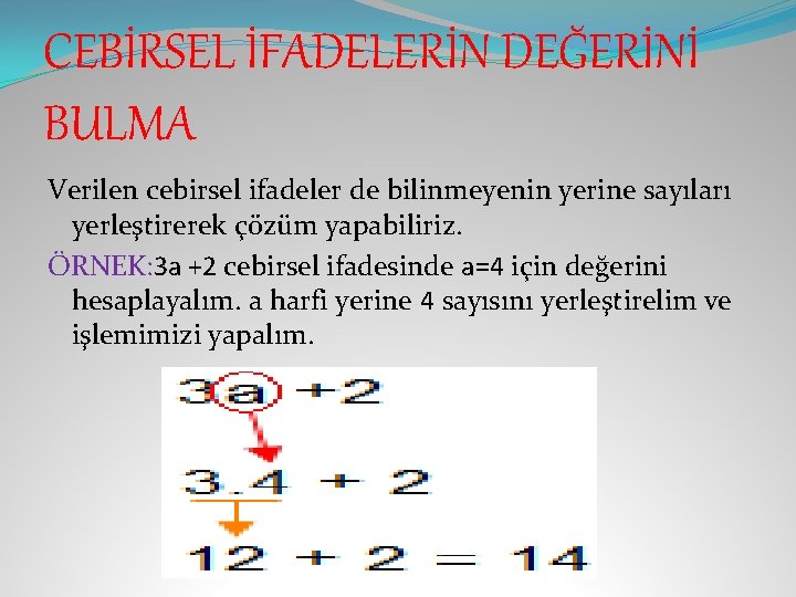 CEBİRSEL İFADELERİN DEĞERİNİ BULMA Verilen cebirsel ifadeler de bilinmeyenin yerine sayıları yerleştirerek çözüm yapabiliriz.