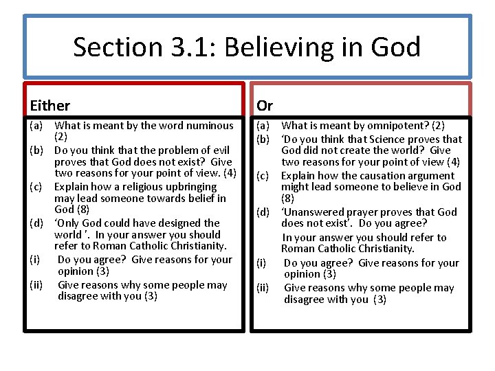 Section 3. 1: Believing in God Either Or (a) What is meant by the