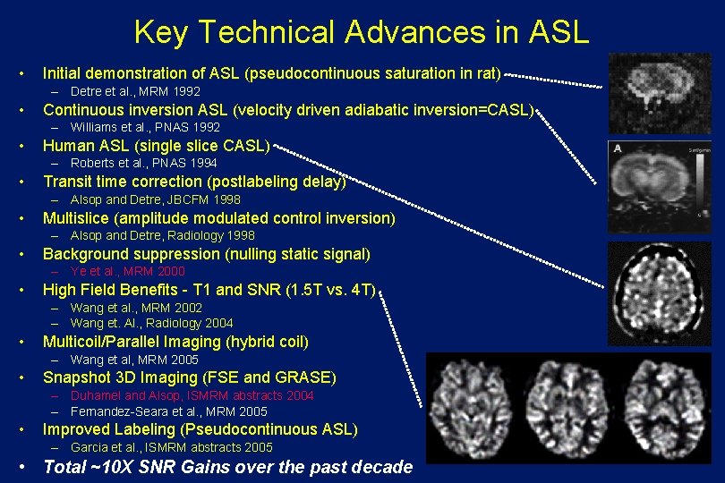 Key Technical Advances in ASL • Initial demonstration of ASL (pseudocontinuous saturation in rat)