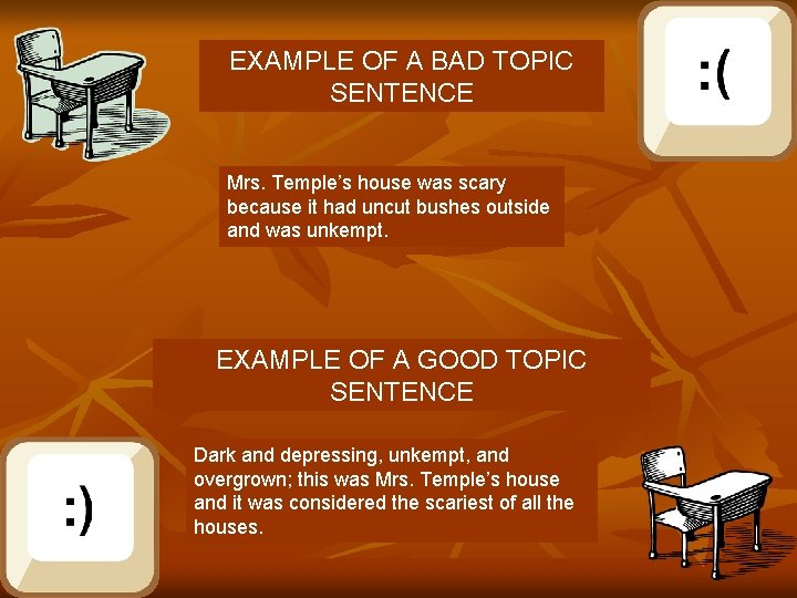 EXAMPLE OF A BAD TOPIC SENTENCE Mrs. Temple’s house was scary because it had