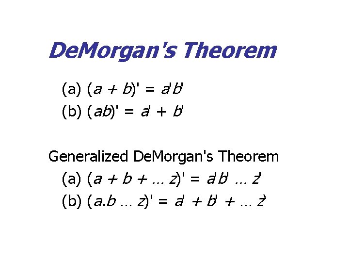 De. Morgan's Theorem (a) (a + b)' = a'b' (b) (ab)' = a' +