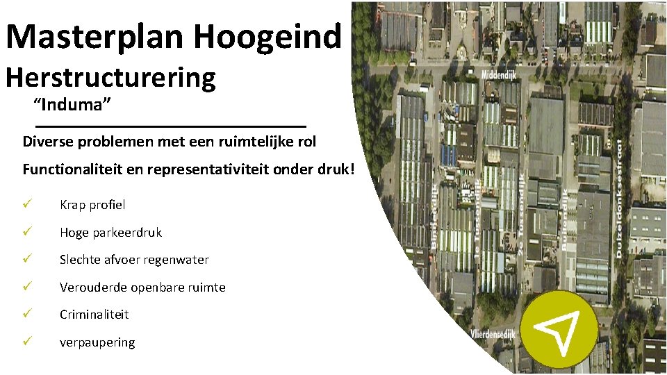 Masterplan Hoogeind Herstructurering “Induma” Diverse problemen met een ruimtelijke rol Functionaliteit en representativiteit onder