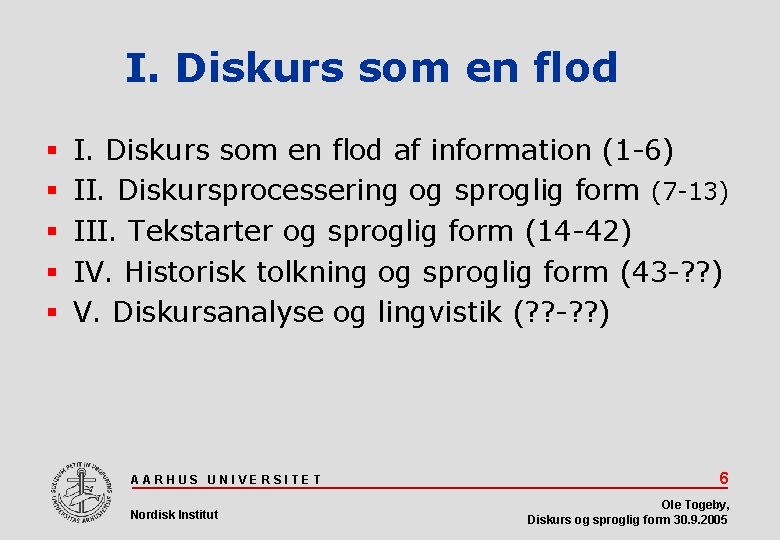 I. Diskurs som en flod af information (1 -6) II. Diskursprocessering og sproglig form