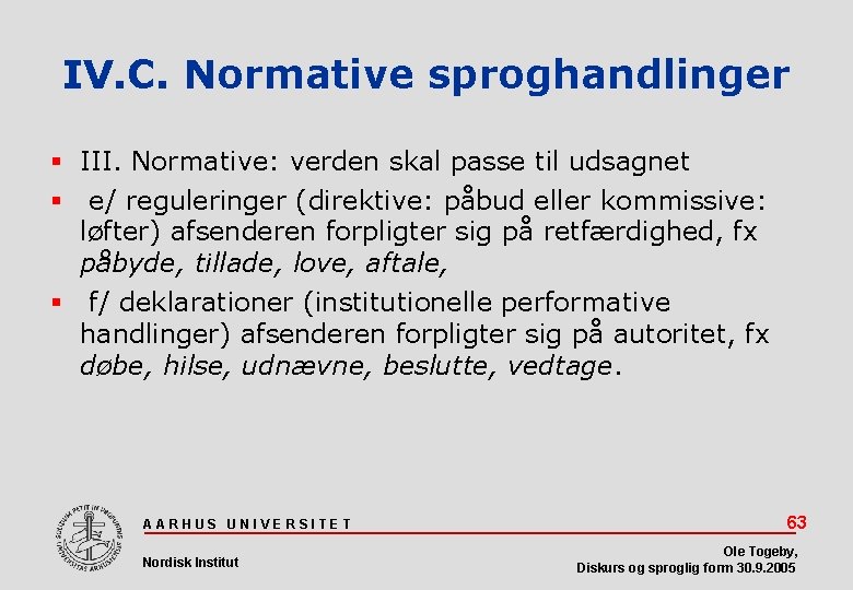 IV. C. Normative sproghandlinger III. Normative: verden skal passe til udsagnet e/ reguleringer (direktive: