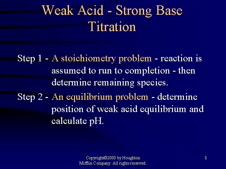 Weak Acid - Strong Base Titration Step 1 - A stoichiometry problem - reaction