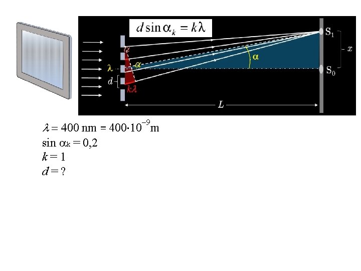  nm = 400 m sin k = 0, 2 k=1 d=? 