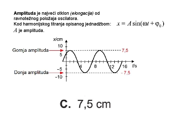 Amplituda je najveći otklon (elongacija) od ravnotežnog položaja oscilatora. Kod harmonijskog titranja opisanog jednadžbom: