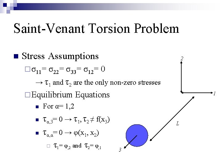 Saint-Venant Torsion Problem n Stress Assumptions ¨ σ11= σ22= σ33= σ12= 2 0 →