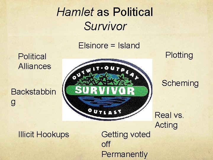 Hamlet as Political Survivor Elsinore = Island Plotting Political Alliances Scheming Backstabbin g Real