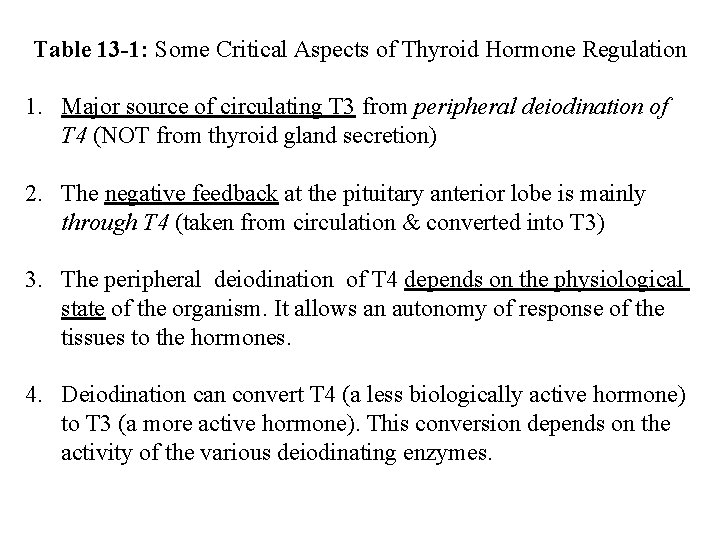 Table 13 -1: Some Critical Aspects of Thyroid Hormone Regulation 1. Major source of