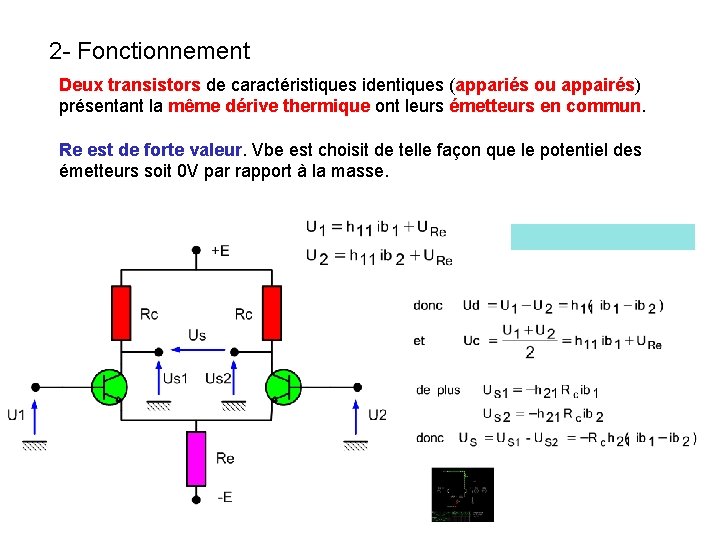 2 - Fonctionnement Deux transistors de caractéristiques identiques (appariés ou appairés) présentant la même