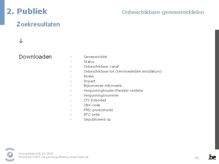 2. Publiek Onbeschikbare geneesmiddelen Zoekresultaten ↓ Downloaden - Geneesmiddel Status Onbeschikbaar vanaf Onbeschikbaar tot