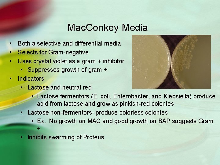 Mac. Conkey Media • Both a selective and differential media • Selects for Gram-negative