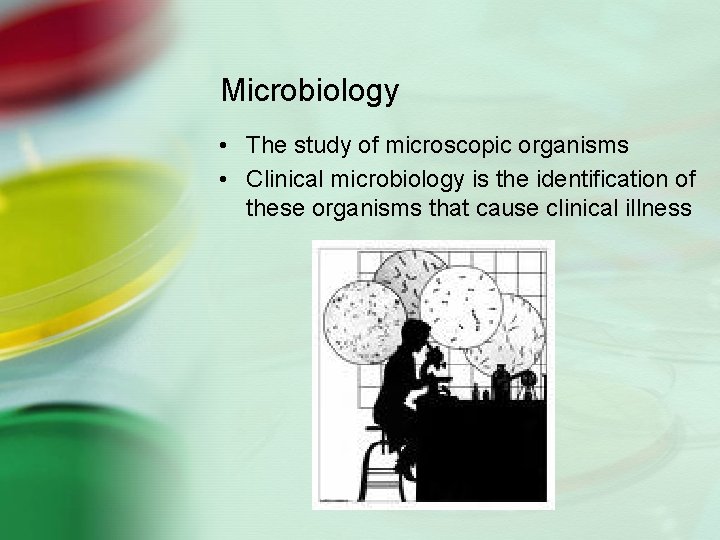 Microbiology • The study of microscopic organisms • Clinical microbiology is the identification of