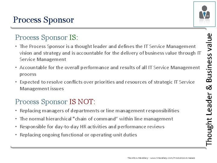 Process Sponsor IS: • The Process Sponsor is a thought leader and defines the