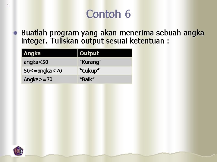 Contoh 6 l Buatlah program yang akan menerima sebuah angka integer. Tuliskan output sesuai