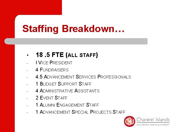 Staffing Breakdown… • 18. 5 FTE (ALL STAFF) - I VICE PRESIDENT 4 FUNDRAISERS