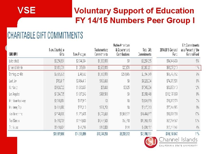 VSE Voluntary Support of Education FY 14/15 Numbers Peer Group I 