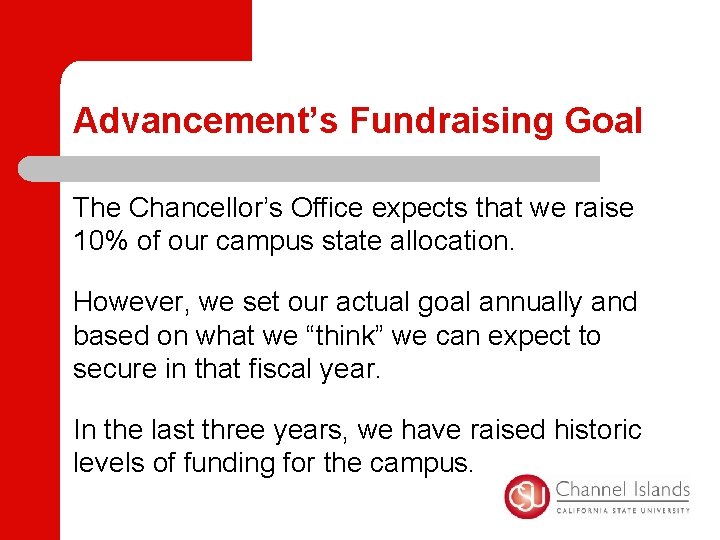 Advancement’s Fundraising Goal The Chancellor’s Office expects that we raise 10% of our campus