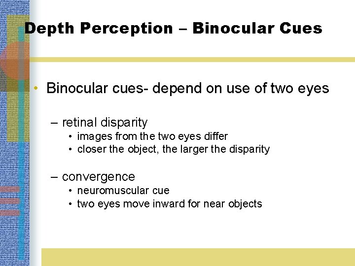 Depth Perception – Binocular Cues • Binocular cues- depend on use of two eyes