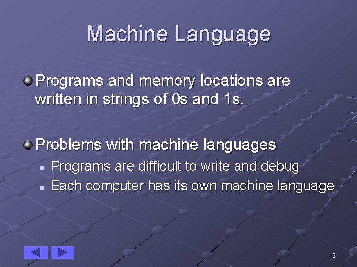 Machine Language Programs and memory locations are written in strings of 0 s and