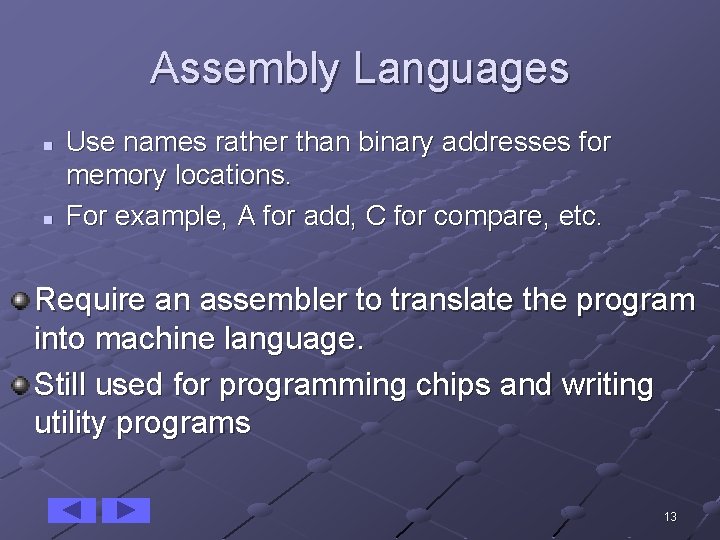 Assembly Languages n n Use names rather than binary addresses for memory locations. For