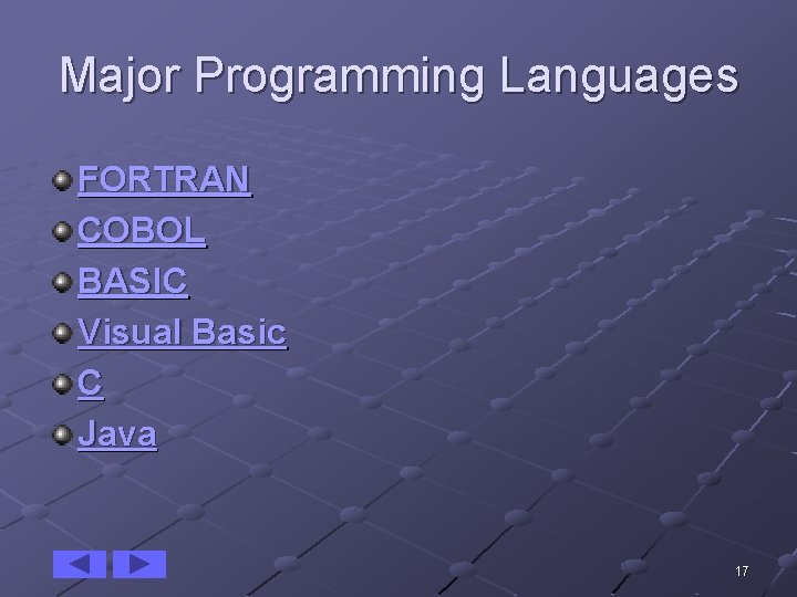 Major Programming Languages FORTRAN COBOL BASIC Visual Basic C Java 17 
