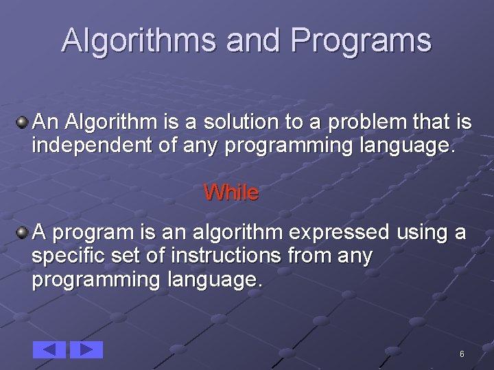Algorithms and Programs An Algorithm is a solution to a problem that is independent