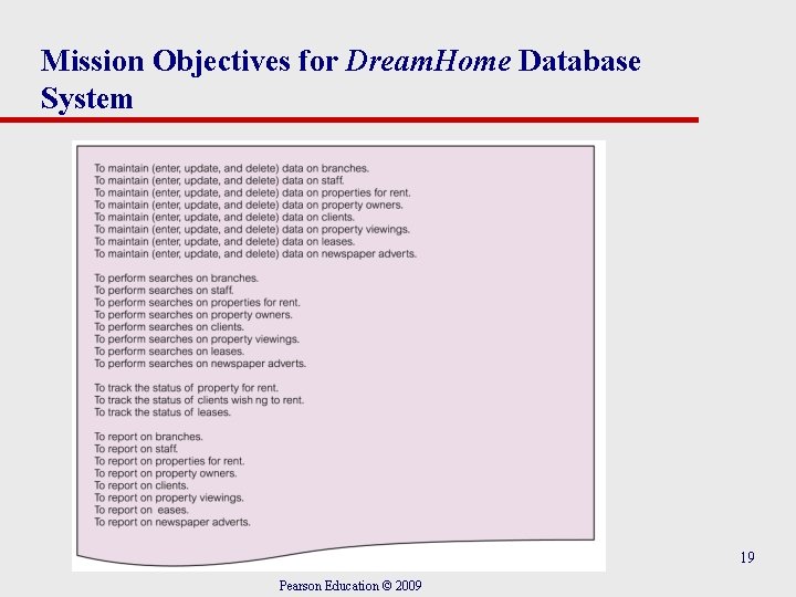 Mission Objectives for Dream. Home Database System 19 Pearson Education © 2009 