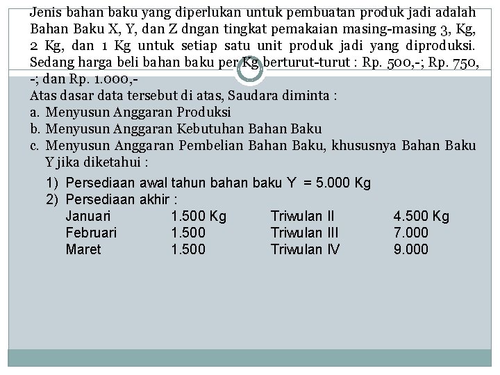 Jenis bahan baku yang diperlukan untuk pembuatan produk jadi adalah Bahan Baku X, Y,