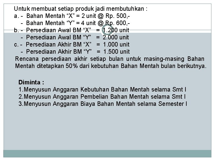 Untuk membuat setiap produk jadi membutuhkan : a. - Bahan Mentah “X” = 2